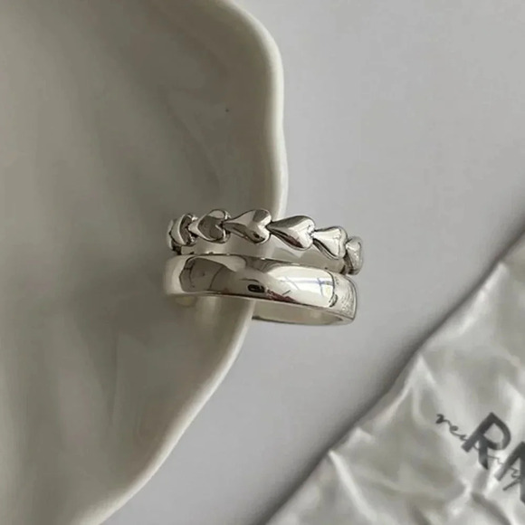 925 Sterling Silver Minimalist Heart Ring Double Layer Ring Dainty Silver Ring - Picture 1 of 3